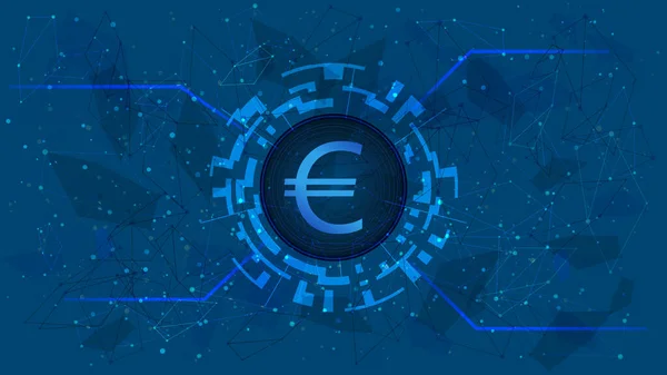 Euro para sembolü mavi zemin üzerinde dijital temalı daire şeklinde. Web sitesi veya afiş için Avrupa Birliği para birimi simgesi. Uzayı kopyala Vektör EPS10.
