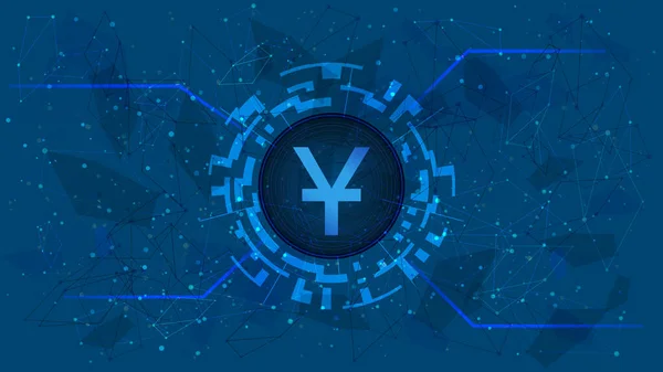 Yuan Cny Munt Symbool Cirkel Met Digitaal Thema Blauwe Achtergrond — Stockvector