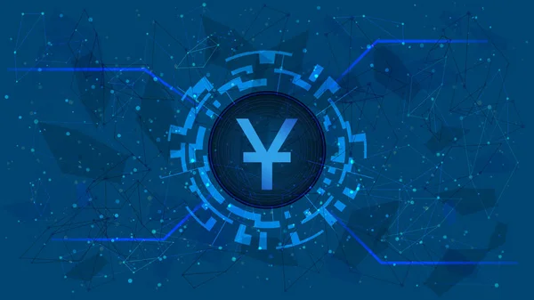 Yuan CNY para sembolü mavi arka planda dijital temalı daire şeklinde. Web sitesi veya afiş için Çin para birimi simgesi. Uzayı kopyala Vektör EPS10.