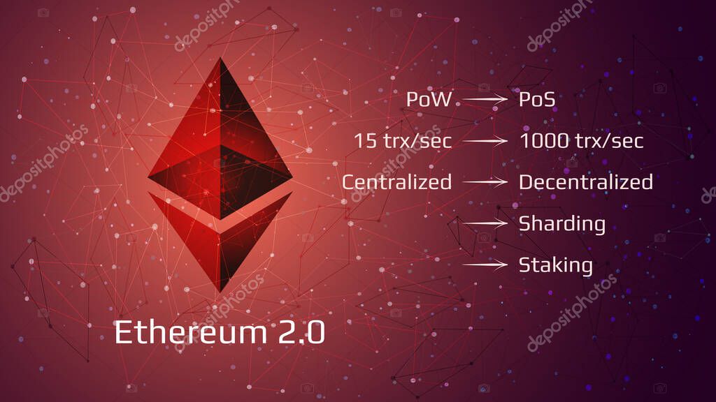 Ethereum 2.0 restart - cryptocurrency coin symbol on abstract polygonal red background. New direction after hard fork. Proof-of-Stake PoS consensus, sharding, staking. Vector EPS10.