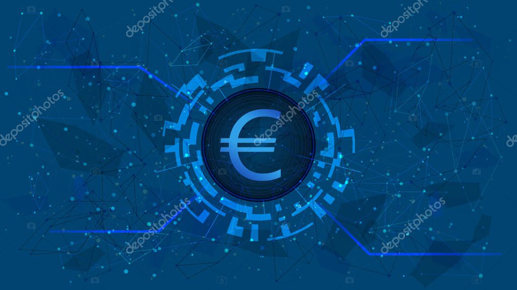 Euro EUR coin symbol in circle with digital theme on blue background. European Union currency icon for website or banner. Copy space. Vector EPS10.