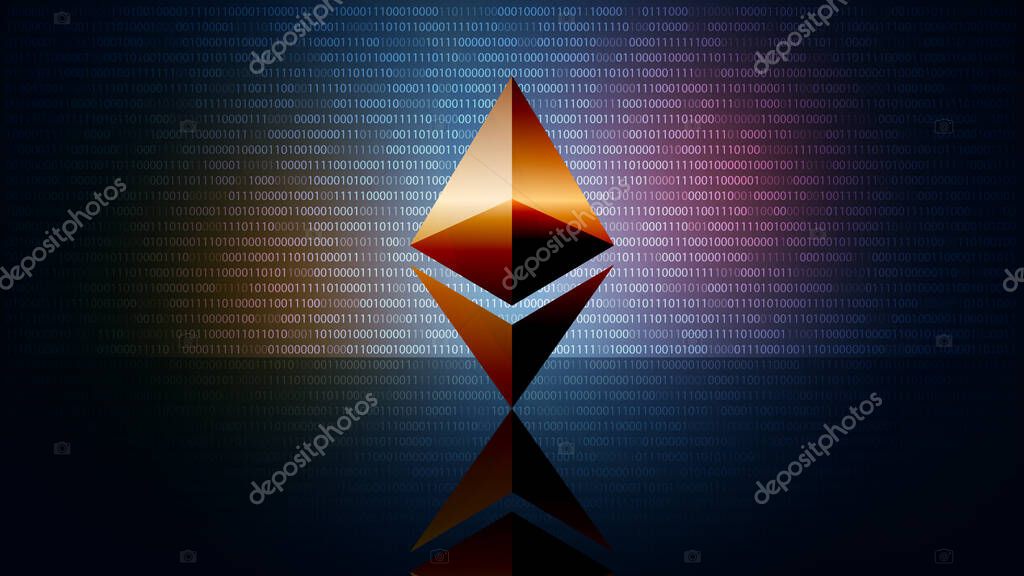 Ethereum ETH cryptocurrency token symbol, coin icon on dark digital background. Digital gold for website or banner. Vector EPS10.