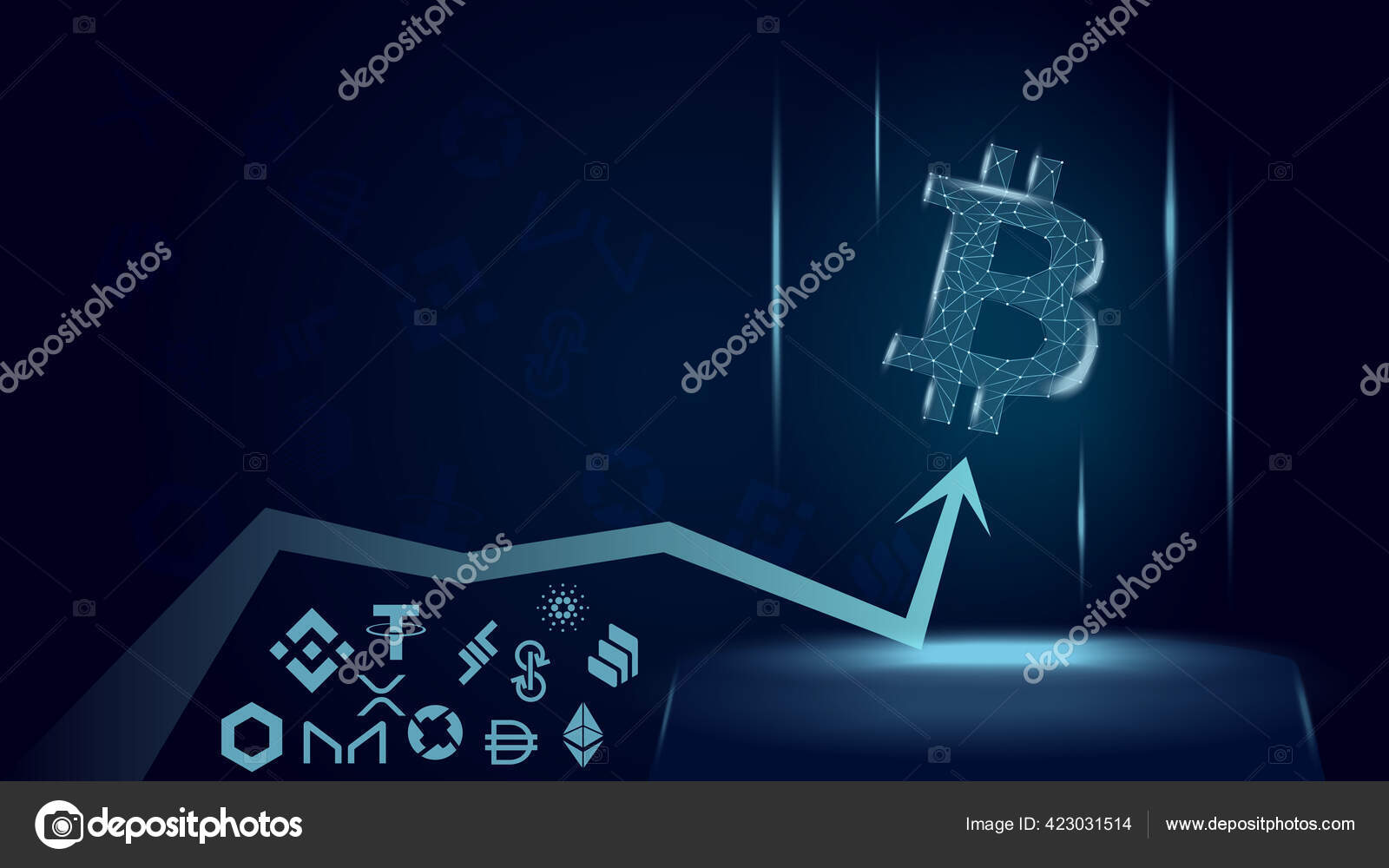 Vector Illustration 은파란 배경에 동전보다 비트코인의 장점을 Btc 동전을 차지하고 스톡 벡터 - ©k_v  423031514