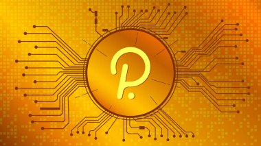 Polkadot kripto para birimi simgesi, DOT sikke simgesi altın zemin üzerinde pcb ile daire içinde. Web sitesi veya pankart için tekno biçiminde vektör illüstrasyonu.