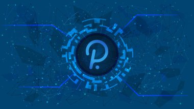 Polkadot DOT sembolü çokgen mavi arka planda dijital bir daire şeklinde. Şifreli para ikonu. İnternet sitesi ya da afiş için dijital altın. Uzayı kopyala Vektör.