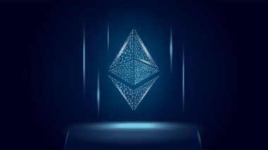 Ethereum ETH kripto para birimi simgesi, kara çokgen kablo arkaplan üzerinde sikke simgesi. İnternet sitesi ya da afiş için dijital altın. Vektör EPS10.