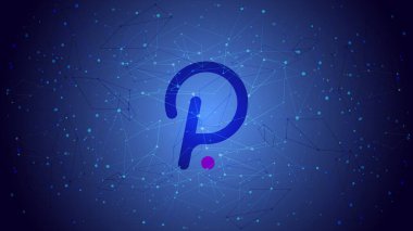 Mavi çokgen arka planda Polkadot DOT sembolü. Kripto para birimi logosu simgesi. Web sitesi veya afiş için vektör illüstrasyonu.