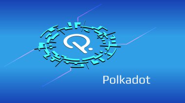 Polkadot DOT izometrik sembol mavi arkaplanda dijital daire şeklinde. Kripto para birimi simgesi. Web sitesi veya afiş için vektör illüstrasyonu.
