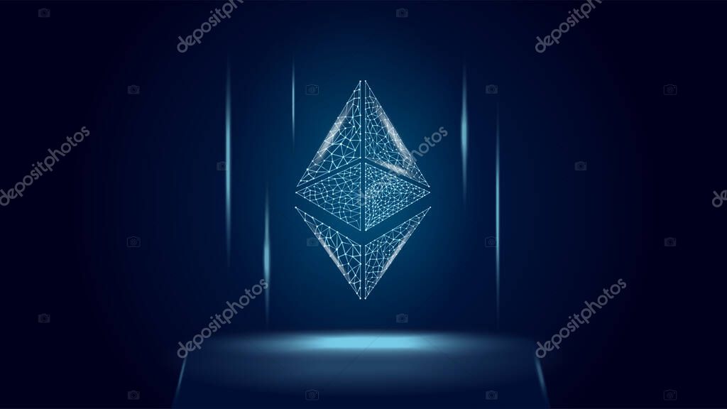 Ethereum ETH cryptocurrency token symbol, coin icon on dark polygonal wireframe background. Digital gold for website or banner. Vector EPS10.