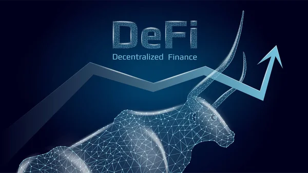 Defi Decentralizovaný Finanční Býčí Trend Polygonálním Býkem Šipkou Nahoru Tmavomodrém — Stockový vektor