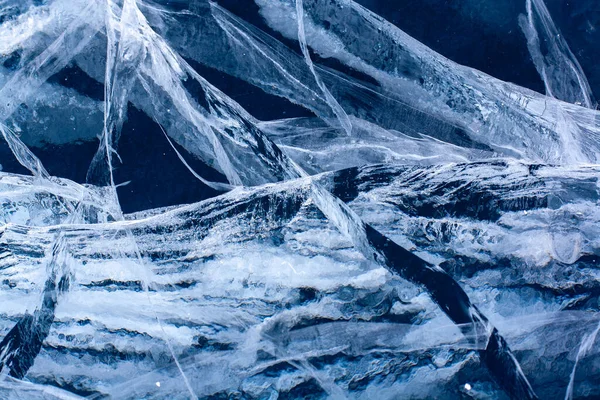 Large Deep Cracks Ice Lake Blue Thick Transparent Ice Horizontal — Stock Photo, Image