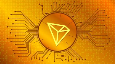 TRON kripto para birimi simgesi, TRX para simgesi altın zemin üzerinde pcb ile daire içinde. Web sitesi veya pankart için tekno biçiminde vektör illüstrasyonu.