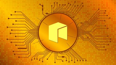 NEO kripto para simgesi, altın zemin üzerinde pcb ile daire içine alınmış sikke simgesi. Web sitesi veya pankart için tekno biçiminde vektör illüstrasyonu.