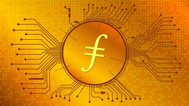 Dosya para kripto para simgesi, FIL sikke simgesi altın zemin üzerinde pcb ile daire içinde. Web sitesi veya pankart için tekno biçiminde vektör illüstrasyonu.