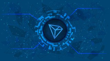 Tron TRX simgesi çokgen mavi arkaplan üzerinde dijital bir daire şeklinde. Şifreli para ikonu. İnternet sitesi ya da afiş için dijital altın. Uzayı kopyala Vektör.