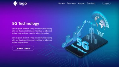 5G internet teknolojisi web sitesi mavi arka planda izometrik telefon tasarımı. Yüzdelik çubuklarla ve sinyal kulesiyle yukarı ok. Vektör illüstrasyonu.