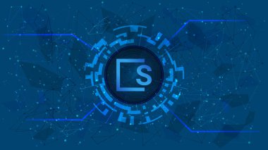 SKALE SKL sembolü çokgen mavi arkaplan üzerinde dijital bir daire şeklinde. Şifreli para ikonu. İnternet sitesi ya da afiş için dijital altın. Uzayı kopyala Vektör.