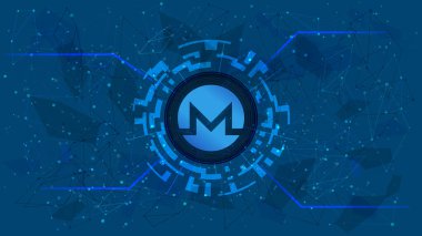 Monero XMR sembolü, çokgen mavi arka planda dijital bir daire şeklinde. Şifreli para ikonu. İnternet sitesi ya da afiş için dijital altın. Uzayı kopyala Vektör.