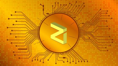Zilliqa kripto para birimi simgesi, ZIL para simgesi altın zemin üzerinde pcb ile daire içinde. Web sitesi veya pankart için tekno biçiminde vektör illüstrasyonu.