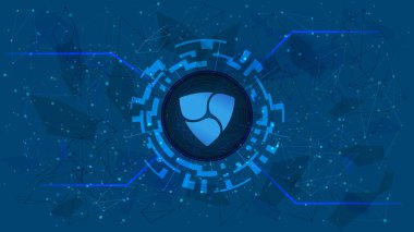 Nem XEM sembol çokgen mavi arkaplan üzerinde dijital bir daire. Şifreli para ikonu. İnternet sitesi ya da afiş için dijital altın. Uzayı kopyala Vektör.