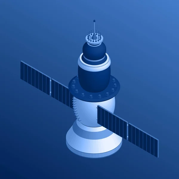 Isometric Space Satellite Blue Tint Model Spacecraft Vector Illustration — Stock Vector