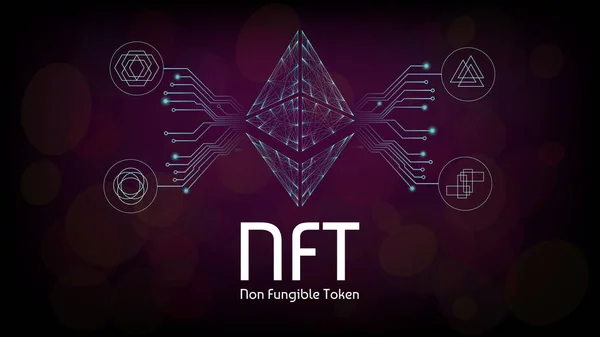 Nft Niet Fungibele Tokens Infographics Met Pcb Tracks Verschillende Tokens — Stockvector