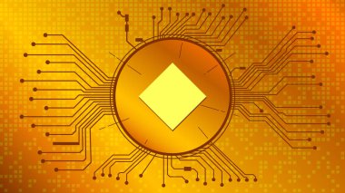 Kripto para birimi simgesi dalgaları, altın zemin üzerinde pcb ile daire şeklinde para simgesi. Web sitesi veya pankart için tekno biçiminde vektör illüstrasyonu.