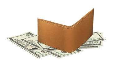 Dağıtılmış kağıt 100 dolar banknot ve deri cüzdan beyaza izole edilmiş. Gerçekçi bir tarz. Vektör EPS10.