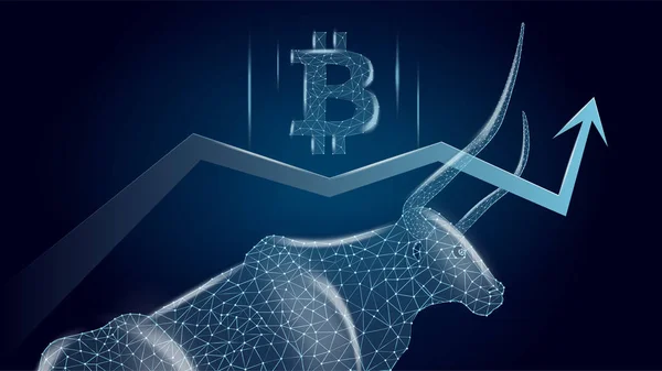 Bitcoin 'in çokgen bir boğası ve koyu mavi arka planda BTC sembolü olan yukarı doğru ok eğilimi. Modern neon vektör illüstrasyonu.