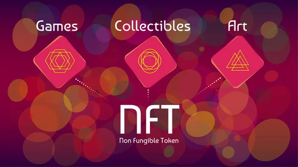 Nft Não Fungíveis Fichas Infográficos Sobre Fundo Abstrato Colorido Pague — Vetor de Stock