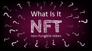 What is it NFT non fungible token with question marks around text on dark red background. clipart