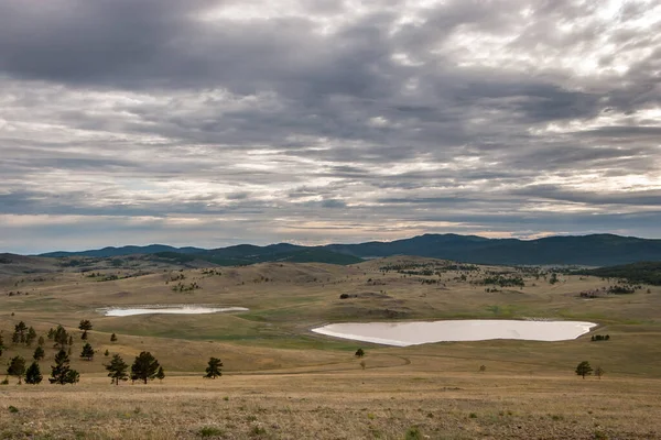 Two Small Lakes Steppe Hills Few Low Trees Sky Overcast — Stock Photo, Image
