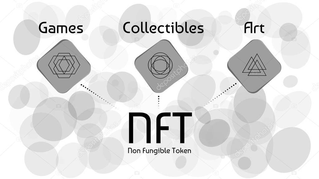 NFT non fungible tokens infographics on abstract light background. Pay for unique collectibles in games or art. Vector illustration.