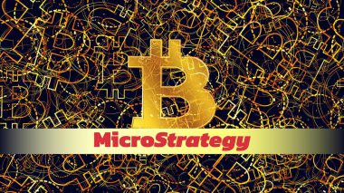 Banner MikroStrateji Anonim Şirketi. Bitcoin ve diğer dijital paraları alıp piyasayı yükselten şirket. Vektör illüstrasyonu.