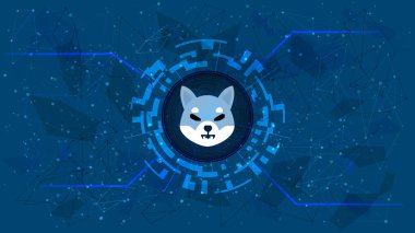 Shiba Inu SHIB DeFi projesinin sembol sembolü mavi arka planda kripto para birimi temalı dijital bir çemberde. Kripto para birimi simgesi. Merkezi olmayan finans programları. Uzayı kopyala Vektör EPS10.