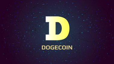 Dogecoin DOGE simgesi simgesi şifreli para birimi teması koyu çokgen arkaplan. Kripto para birimi logosu simgesi. Vektör illüstrasyonu.