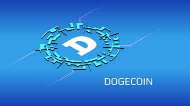 Dogecoin DOGE izometrik sembol mavi arkaplan üzerinde dijital daire. Pankart ya da haber için kripto para simgesi. Vektör illüstrasyonu.