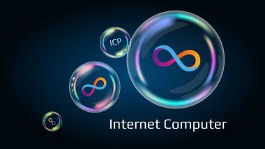 Dfinity Internet ICP sembolü sabun köpüğünde. Finansal piramit yakında patlayacak ve yok olacak. Vektör illüstrasyonu.