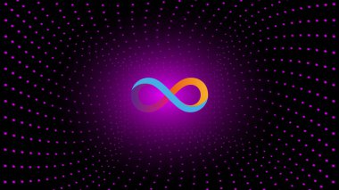 Koyu arkaplandaki parlayan noktaların merkezindeki sınırlılık İnternet ICP sembolü kripto para birimi. Pankart ya da haber için kripto para birimi logosu simgesi. Vektör illüstrasyonu.