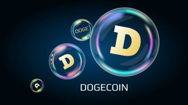 Dogecoin DOGE sabun köpüğündeki sembol. Finansal piramit yakında patlayacak ve yok olacak. Vektör illüstrasyonu.