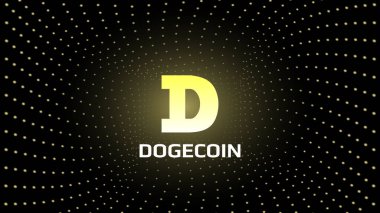 Dogecoin DOGE simgesi simgesi. Koyu arkaplanda parlayan sarı noktaların merkezi. Pankart ya da haber için kripto para birimi logosu simgesi. Vektör illüstrasyonu.