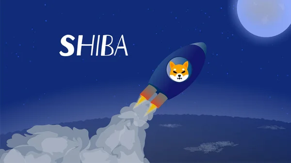 Shiba uzay gemisiyle aya uçar. Köpek ağızlıklı bir roket yerden havalanıyor ve yukarı doğru koşuyor. Shiba Inu SHIB veya DOGE projesini sembolize eder. Vektör illüstrasyonu.