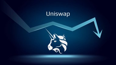 Uniswap UNI 'nin düşüşü ve fiyat düşüşü. Şifreli bozuk para sembolü ve aşağı ok. Uniswap ezildi ve düştü. Kripto para ticareti krizi ve çöküş. Vektör illüstrasyonu.