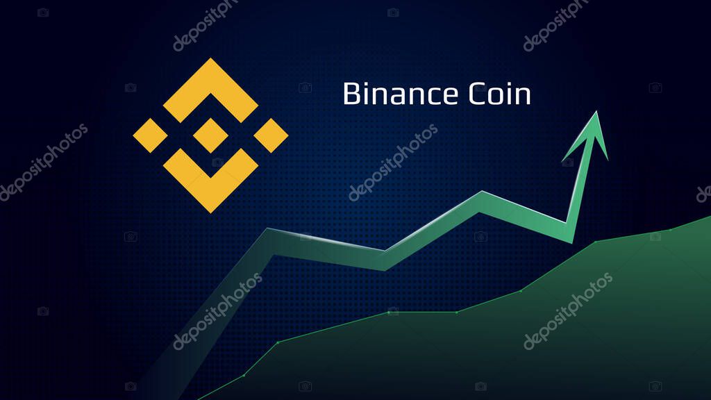 Binance Coin BNB in uptrend and price is rising. Crypto coin symbol and green up arrow. Uniswap flies to the moon. Vector illustration.