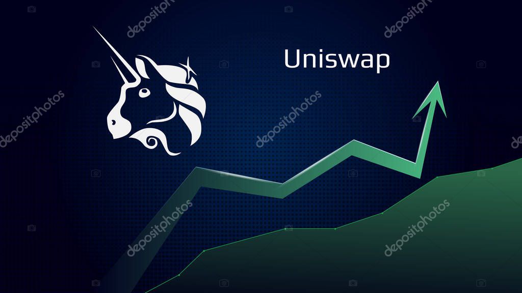 Uniswap UNI in uptrend and price is rising. Crypto coin symbol and green up arrow. Uniswap flies to the moon. Vector illustration.