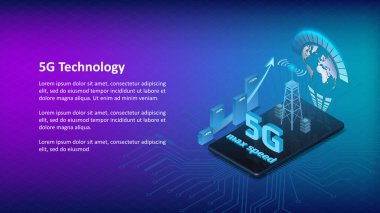 5G internet teknolojisi afiş şablonu, mavi arka planda izometrik telefon ve kopyalama alanı. Yüzdelik çubuklarla ve sinyal kulesiyle yukarı ok. Vektör illüstrasyonu.