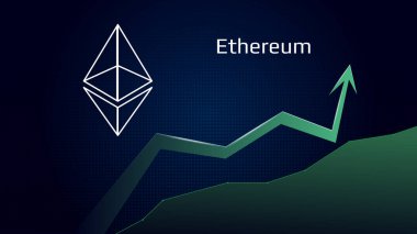 Ethereum ETH yükselişte ve fiyat yükseliyor. Şifreli bozuk para sembolü ve yeşil ok. Uniswap aya uçuyor. Vektör illüstrasyonu.