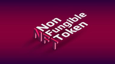 NFT nonfungible token isometric text on dark red background. Pay for unique collectibles in games or art. Design element. Vector illustration. clipart