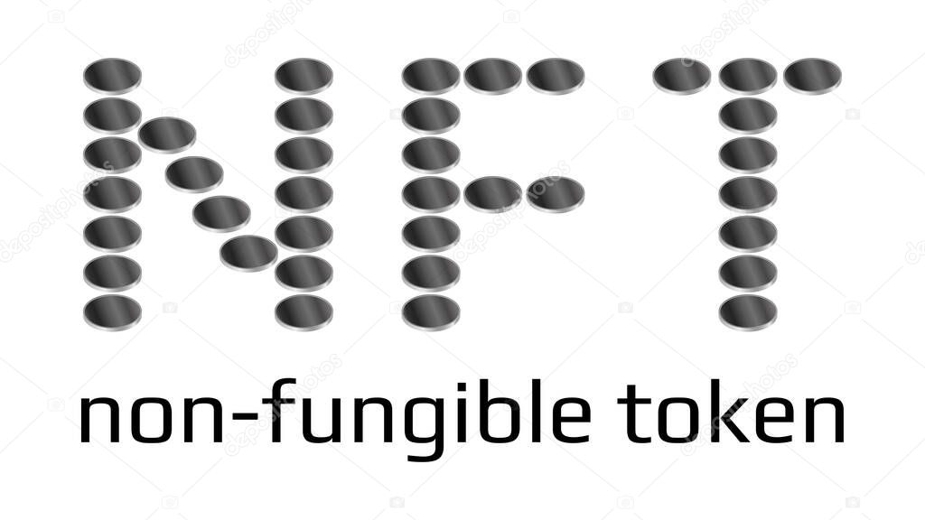 NFT word from coins non fungible token isolated on white. Pay for unique collectibles in games or art. Vector illustration.