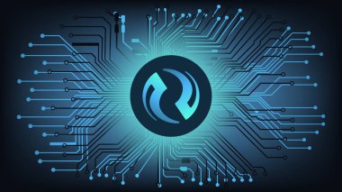 Enjektif Protokol INJ kripto para birimi sembolü pcb parçalı soyut dijital arkaplan üzerinde DeFi projesinin daire içinde. Para birimi simgesi. Merkezi olmayan finans programları. Vektör illüstrasyonu.